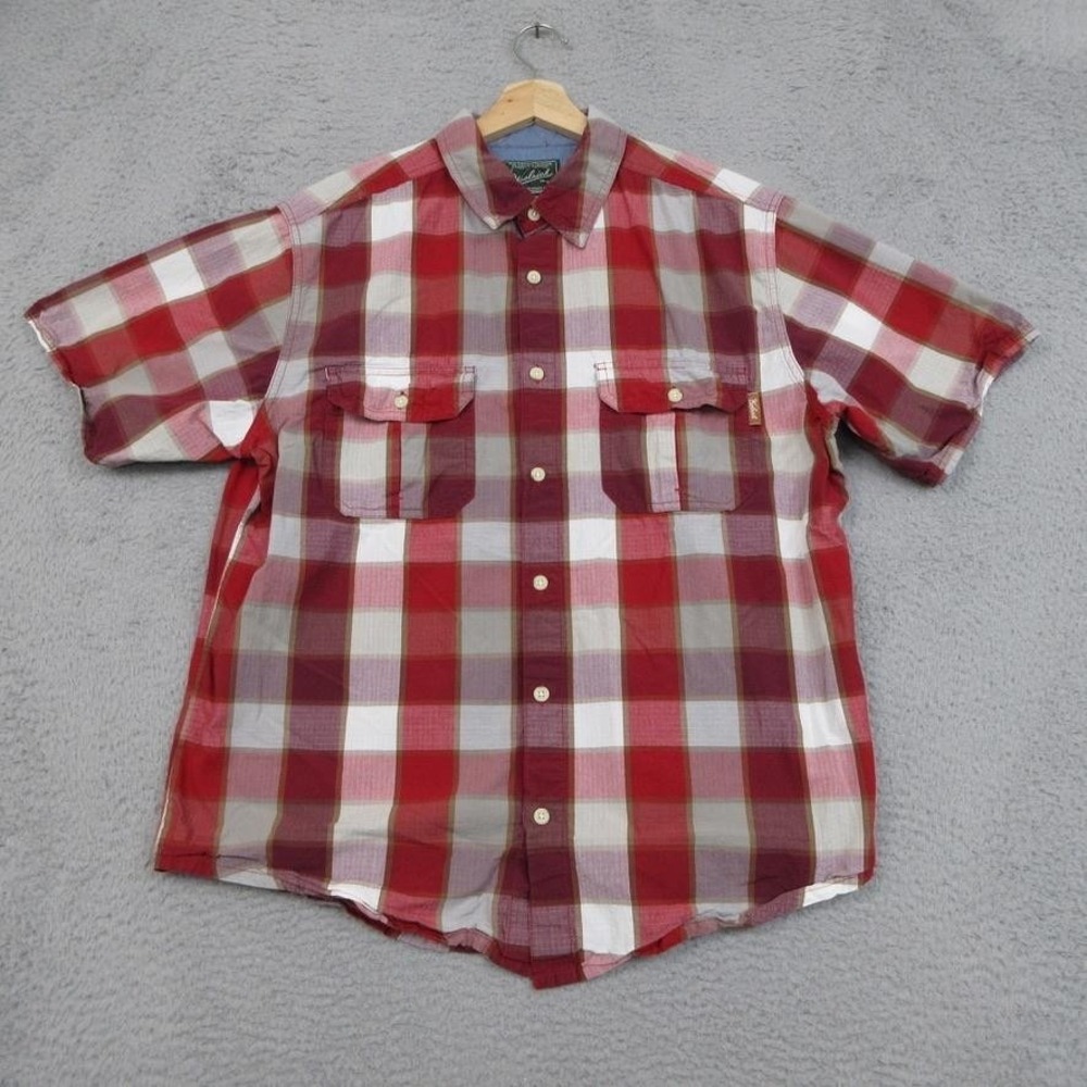 Woolrich Plaid Shirt Mens Large Red White Button Up Short Sleeve Outdoor Pocket